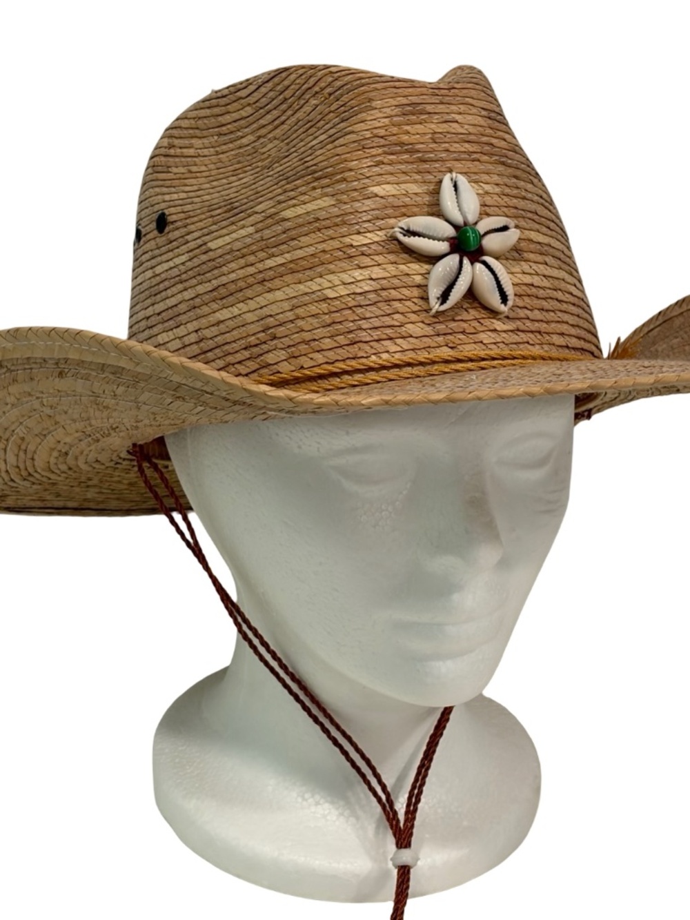 Share Sahuayo Natural Straw Hat Cowboy Western Beach Shell Accent Size 7-1/8 Mex